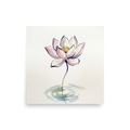 'Lotus Whisper' — a Minimalism,Modernism print. A minimalist watercolor painting of a pink lotus flower with a slender stem above soft water ripples, perfect for a serene bathroom or meditation room.