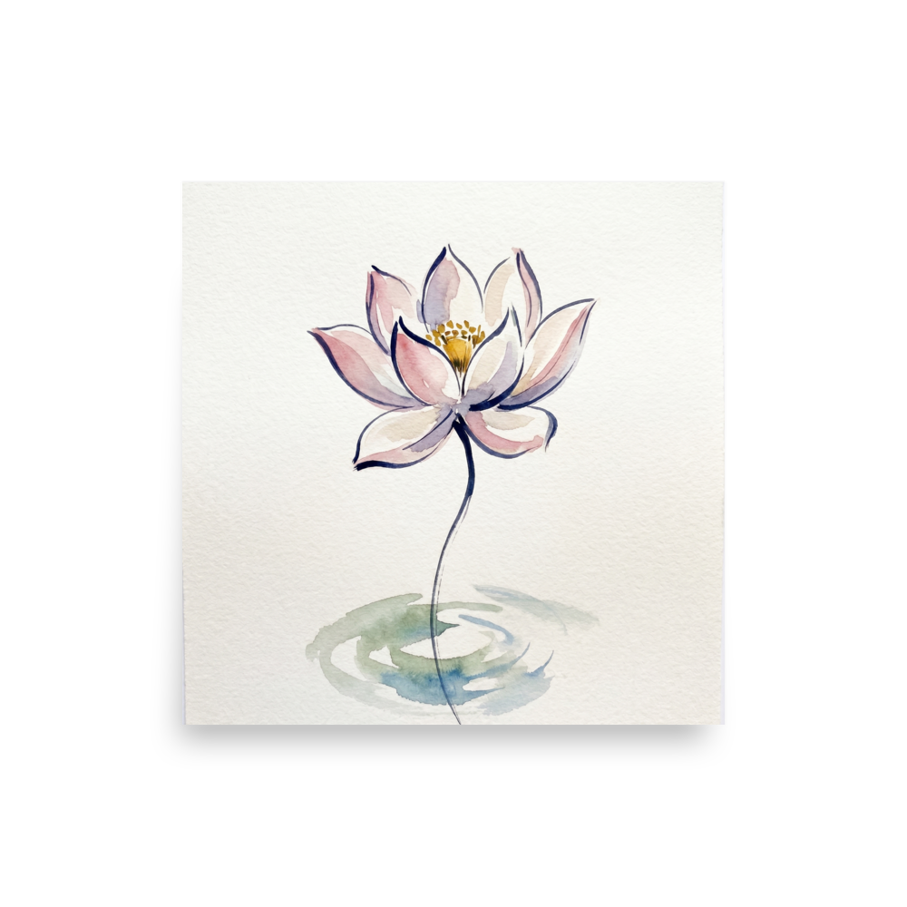 'Lotus Whisper' — a Minimalism,Modernism print. A minimalist watercolor painting of a pink lotus flower with a slender stem above soft water ripples, perfect for a serene bathroom or meditation room.