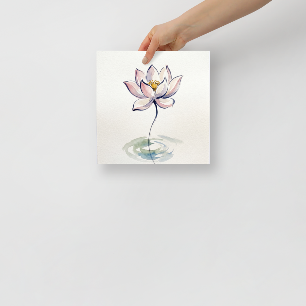 'Lotus Whisper' — a Minimalism,Modernism print. A minimalist watercolor painting of a pink lotus flower with a slender stem above soft water ripples, perfect for a serene bathroom or meditation room.