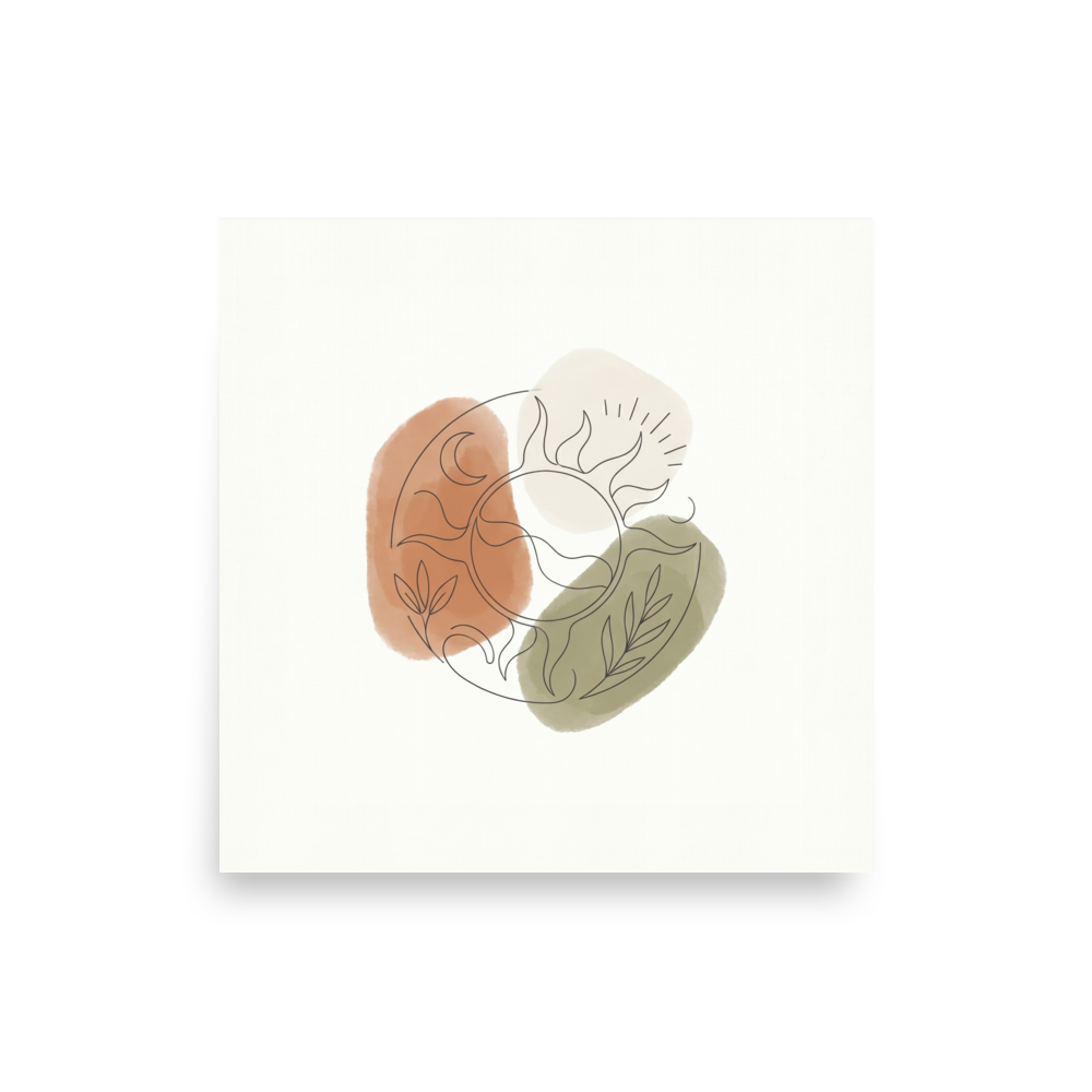 'Celestial Harmony' — a Minimalism print. Minimalist line drawing of a sun, moon, and leaves layered over soft earthy watercolor splotches, ideal for a serene bedroom.