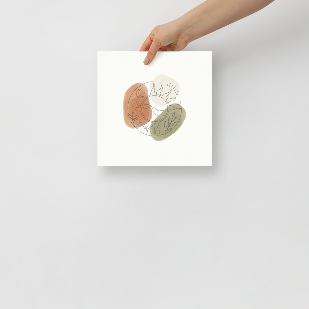 'Celestial Harmony' — a Minimalism print. Minimalist line drawing of a sun, moon, and leaves layered over soft earthy watercolor splotches, ideal for a serene bedroom.
