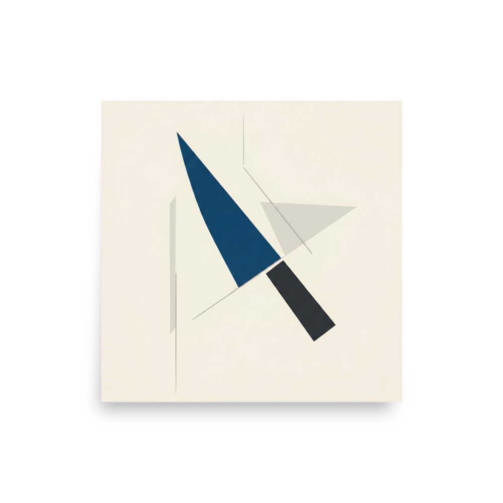 'Geometric Balance' — a Minimalism print. A minimalist geometric artwork with a blue triangle and black rectangle on a beige background, perfect for an Office.