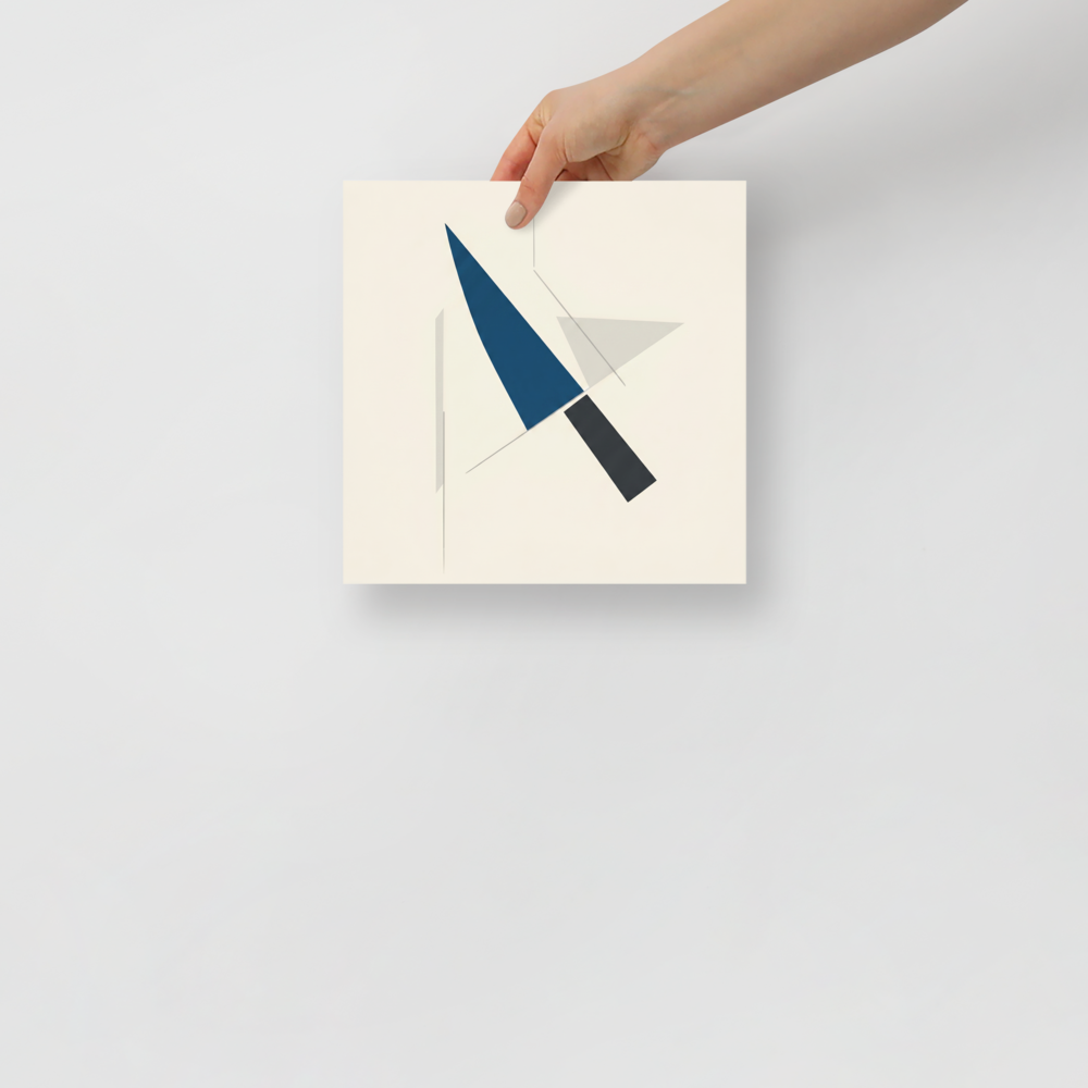 'Geometric Balance' — a Minimalism print. A minimalist geometric artwork with a blue triangle and black rectangle on a beige background, perfect for an Office.