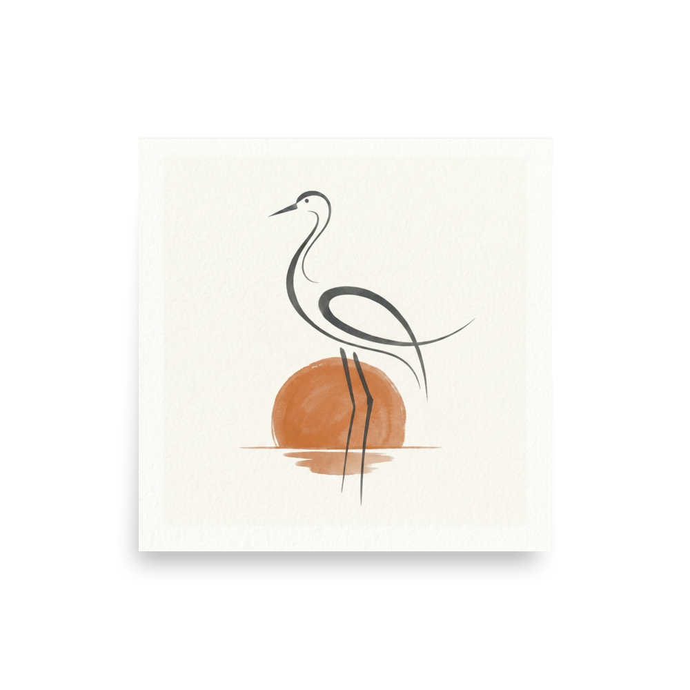 'Heron at Sunset' — a Minimalism,Modern European ink painting print. A minimalist line drawing of a heron standing in water against a watercolor orange sun, set on a textured white background. Ideal for a calming bathroom or bedroom.