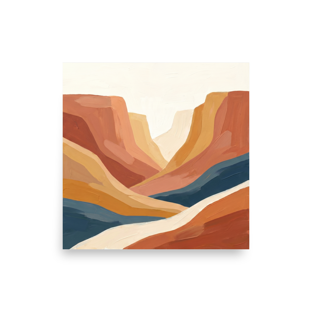 'Canyon River' — a Minimalism,American Scene Painting print. A minimalist landscape painting of a canyon featuring sweeping bands of terracotta, ochre, and a deep blue river against a white sky, suitable for a living room.