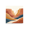 'Canyon River' — a Minimalism,American Scene Painting print. A minimalist landscape painting of a canyon featuring sweeping bands of terracotta, ochre, and a deep blue river against a white sky, suitable for a living room.