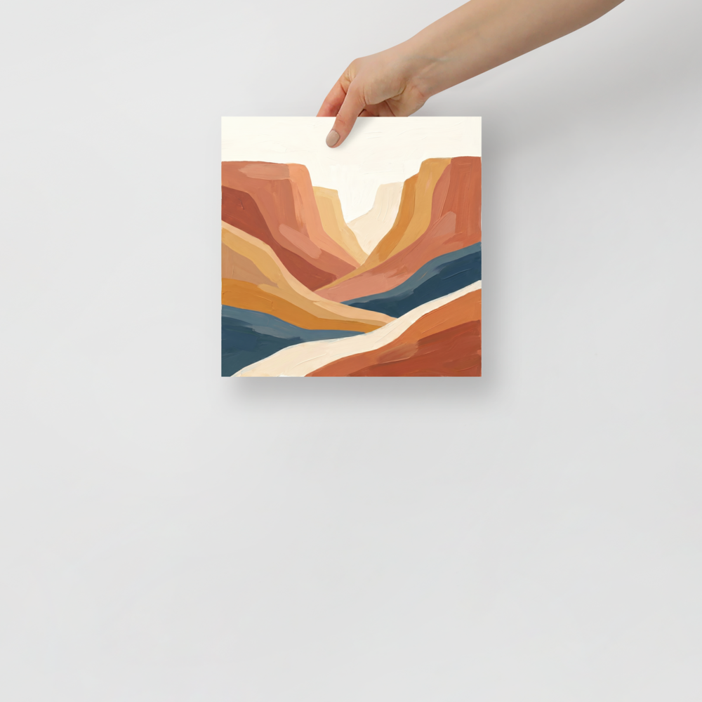 'Canyon River' — a Minimalism,American Scene Painting print. A minimalist landscape painting of a canyon featuring sweeping bands of terracotta, ochre, and a deep blue river against a white sky, suitable for a living room.