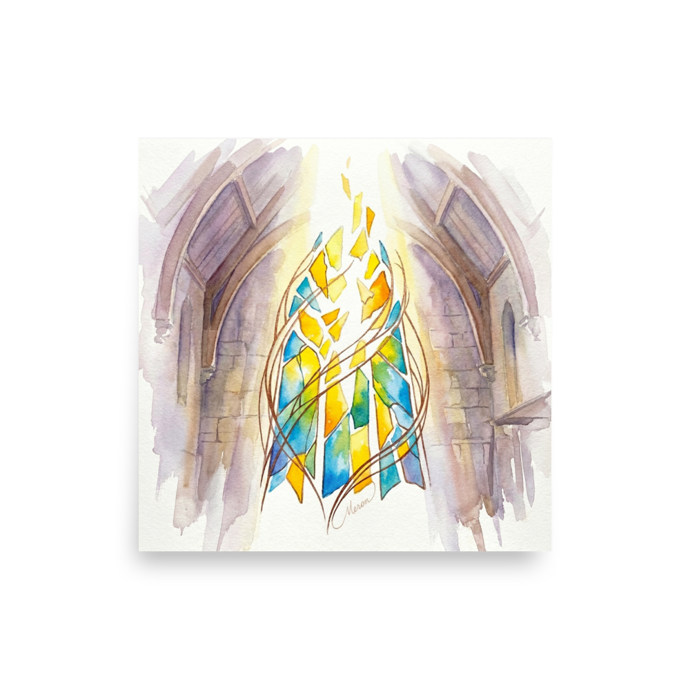 'Family Structure' — a Cubism print. Abstract watercolor of human figures connected by intersecting light rays, ideal for a Home Office or Creative Studio.