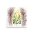'Ascendant Light' — a Abstract art,Gothic art print. A luminous watercolor painting of shattered stained glass in yellow and blue swirling within a gothic stone archway, perfect for adding a peaceful touch to a living room.