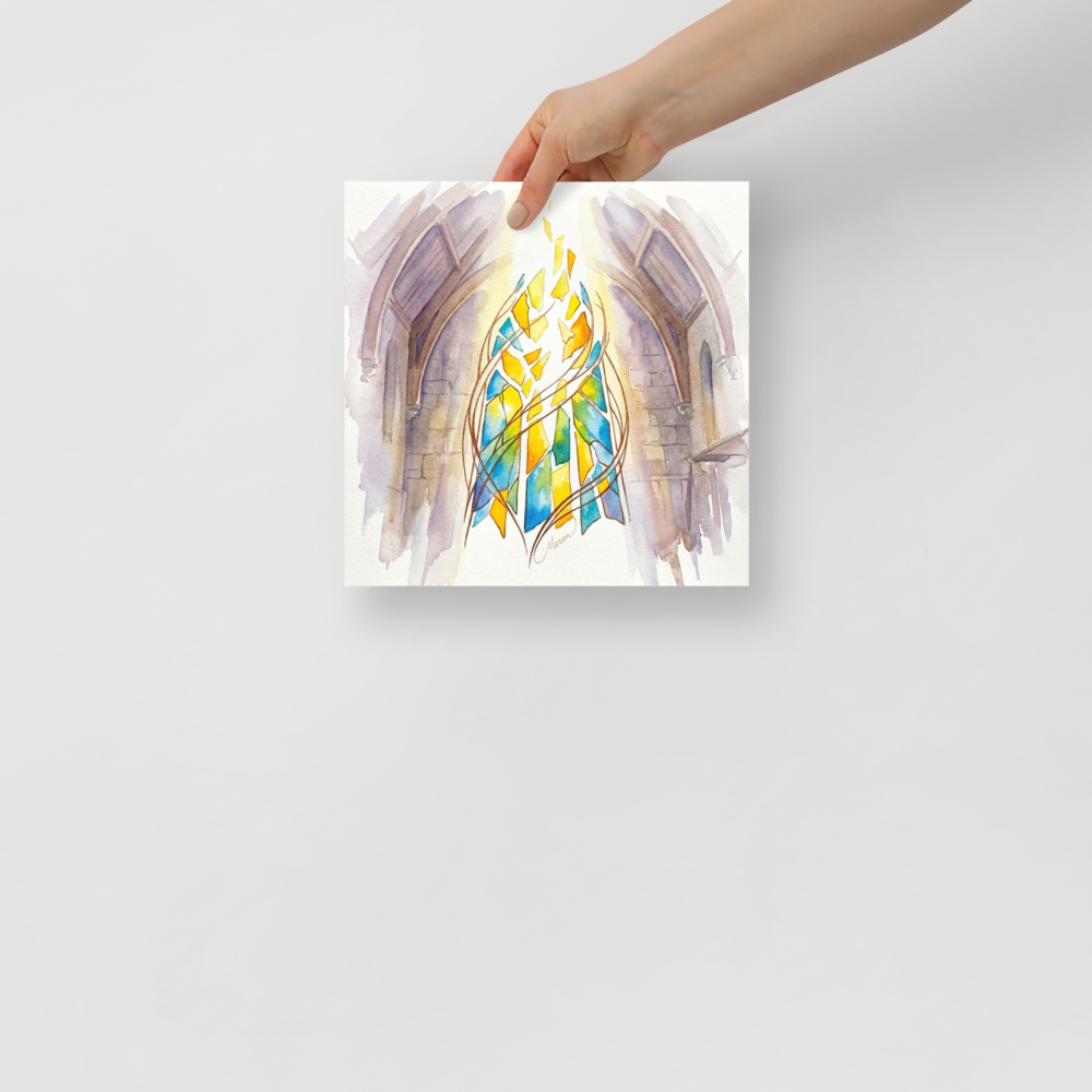 'Ascendant Light' — a Abstract art,Gothic art print. A luminous watercolor painting of shattered stained glass in yellow and blue swirling within a gothic stone archway, perfect for adding a peaceful touch to a living room.