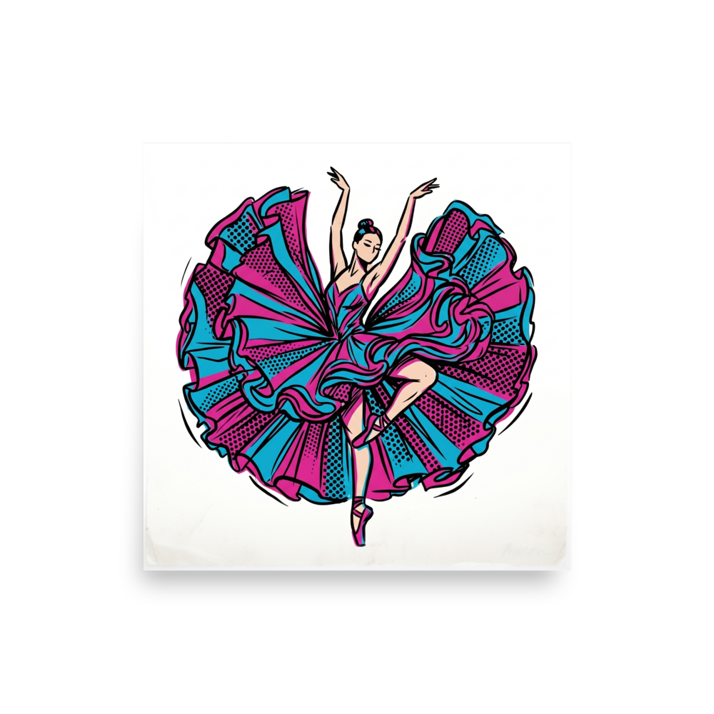'Pop Art Pirouette' — a Pop art print. A ballerina in a voluminous pink and turquoise dress strikes a dynamic pose, rendered in a bold pop art style with halftone dots.