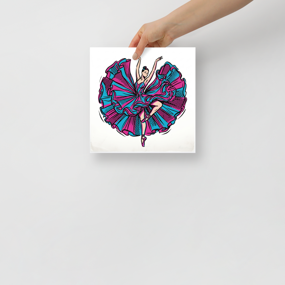'Pop Art Pirouette' — a Pop art print. A ballerina in a voluminous pink and turquoise dress strikes a dynamic pose, rendered in a bold pop art style with halftone dots.
