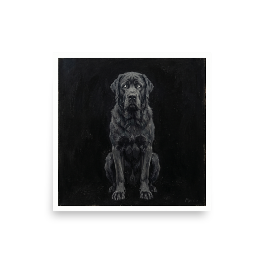 'The Obsidian Guardian' — a Figurative art,Surrealism print. A large dark dog painted in thick black and grey oil paint against a black background, perfect for a gothic living room.