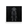'The Obsidian Guardian' — a Figurative art,Surrealism print. A large dark dog painted in thick black and grey oil paint against a black background, perfect for a gothic living room.
