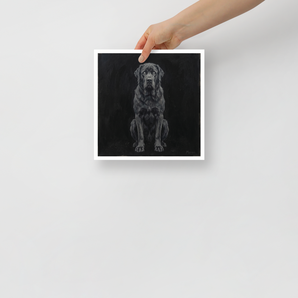 'The Obsidian Guardian' — a Figurative art,Surrealism print. A large dark dog painted in thick black and grey oil paint against a black background, perfect for a gothic living room.