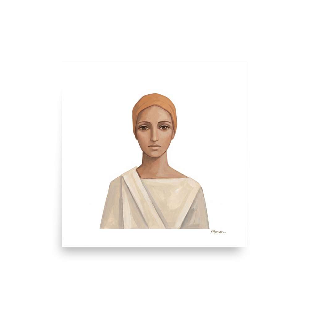 'The Serene Ascetic' — a Figurative art,Minimalism print. A minimalist painting of a calm person in a tan head wrap and white robe against a white background, perfect for a meditation room.