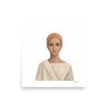 'The Serene Ascetic' — a Figurative art,Minimalism print. A minimalist painting of a calm person in a tan head wrap and white robe against a white background, perfect for a meditation room.