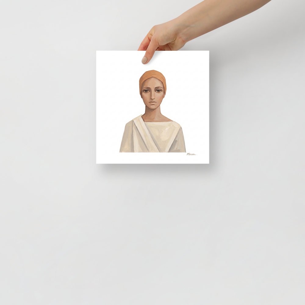 'The Serene Ascetic' — a Figurative art,Minimalism print. A minimalist painting of a calm person in a tan head wrap and white robe against a white background, perfect for a meditation room.