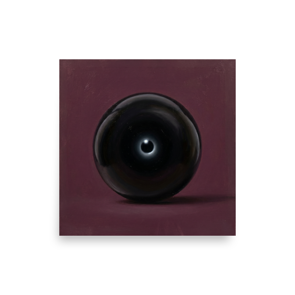 'Obsidian Eye' — a Surrealism print. A hyperrealistic painting of a glossy black sphere on a dark plum background, suitable for a moody Bedroom.
