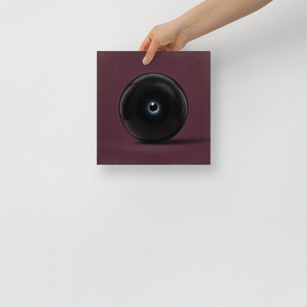 'Obsidian Eye' — a Surrealism print. A hyperrealistic painting of a glossy black sphere on a dark plum background, suitable for a moody Bedroom.