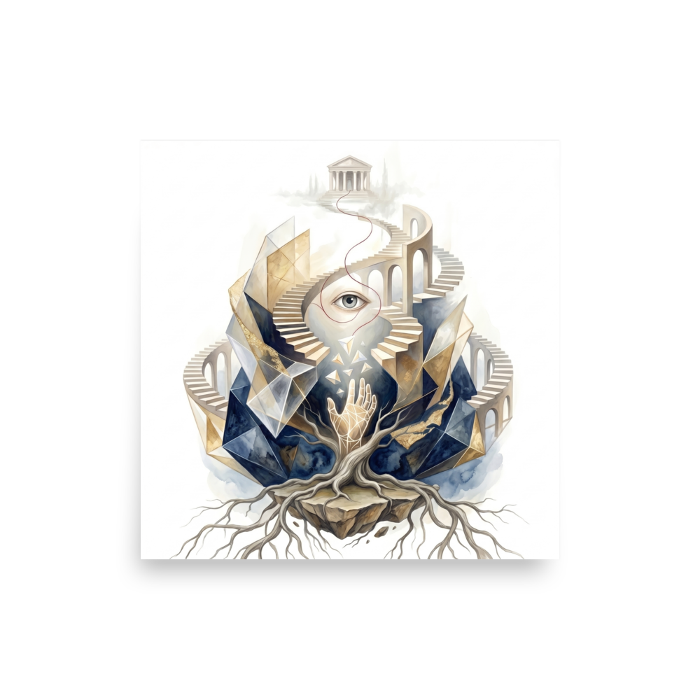 'Ascent to the Mind's Temple' — a Surrealism print. A surreal watercolor painting showing an eye, a glowing hand, and roots leading up a staircase to a classical temple, perfect for a Meditation Room.