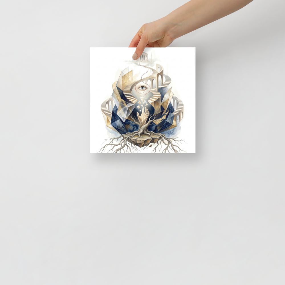 'Ascent to the Mind's Temple' — a Surrealism print. A surreal watercolor painting showing an eye, a glowing hand, and roots leading up a staircase to a classical temple, perfect for a Meditation Room.