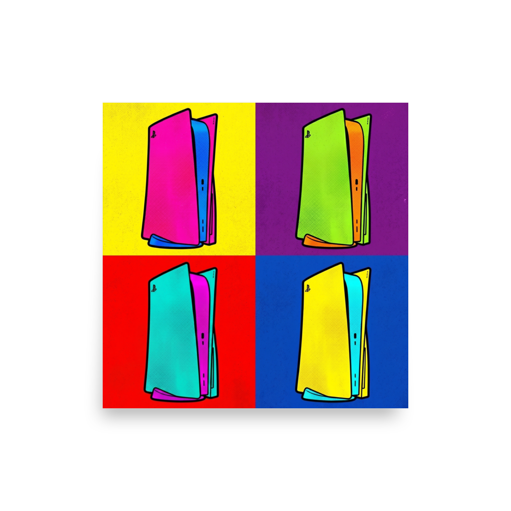 'Next Gen Chroma' — a Pop art print. A four-panel pop art illustration featuring a modern gaming console in bright, contrasting colors like pink, green, cyan, and yellow, perfect for a Game Room.