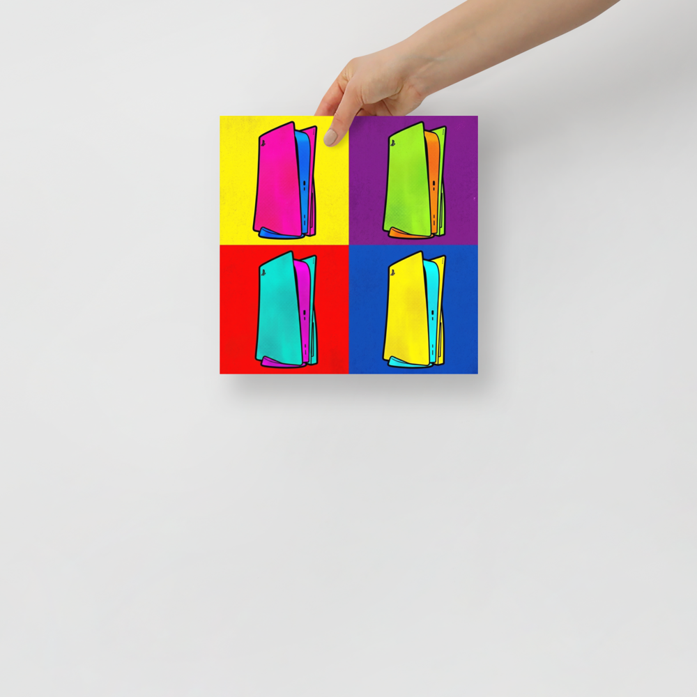 'Next Gen Chroma' — a Pop art print. A four-panel pop art illustration featuring a modern gaming console in bright, contrasting colors like pink, green, cyan, and yellow, perfect for a Game Room.
