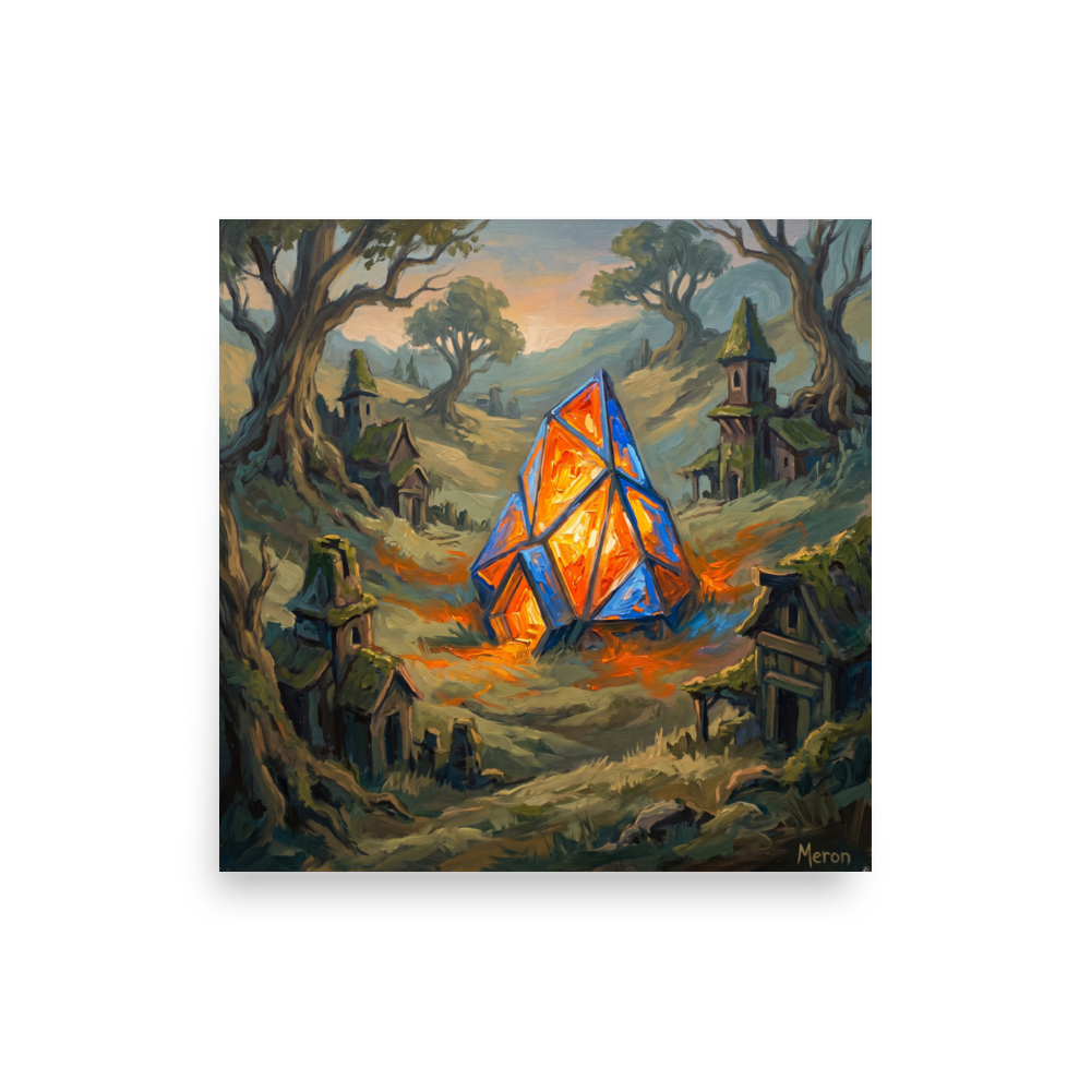 'The Glowing Heart' — a Expressionism print. A thick oil painting of a glowing orange and blue crystal structure in a forest clearing surrounded by rustic fantasy dwellings, perfect for a cozy living room.