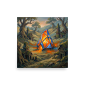 'The Glowing Heart' — a Expressionism print. A thick oil painting of a glowing orange and blue crystal structure in a forest clearing surrounded by rustic fantasy dwellings, perfect for a cozy living room.