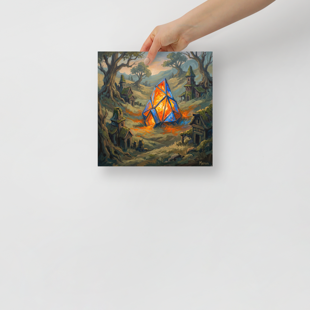 'The Glowing Heart' — a Expressionism print. A thick oil painting of a glowing orange and blue crystal structure in a forest clearing surrounded by rustic fantasy dwellings, perfect for a cozy living room.