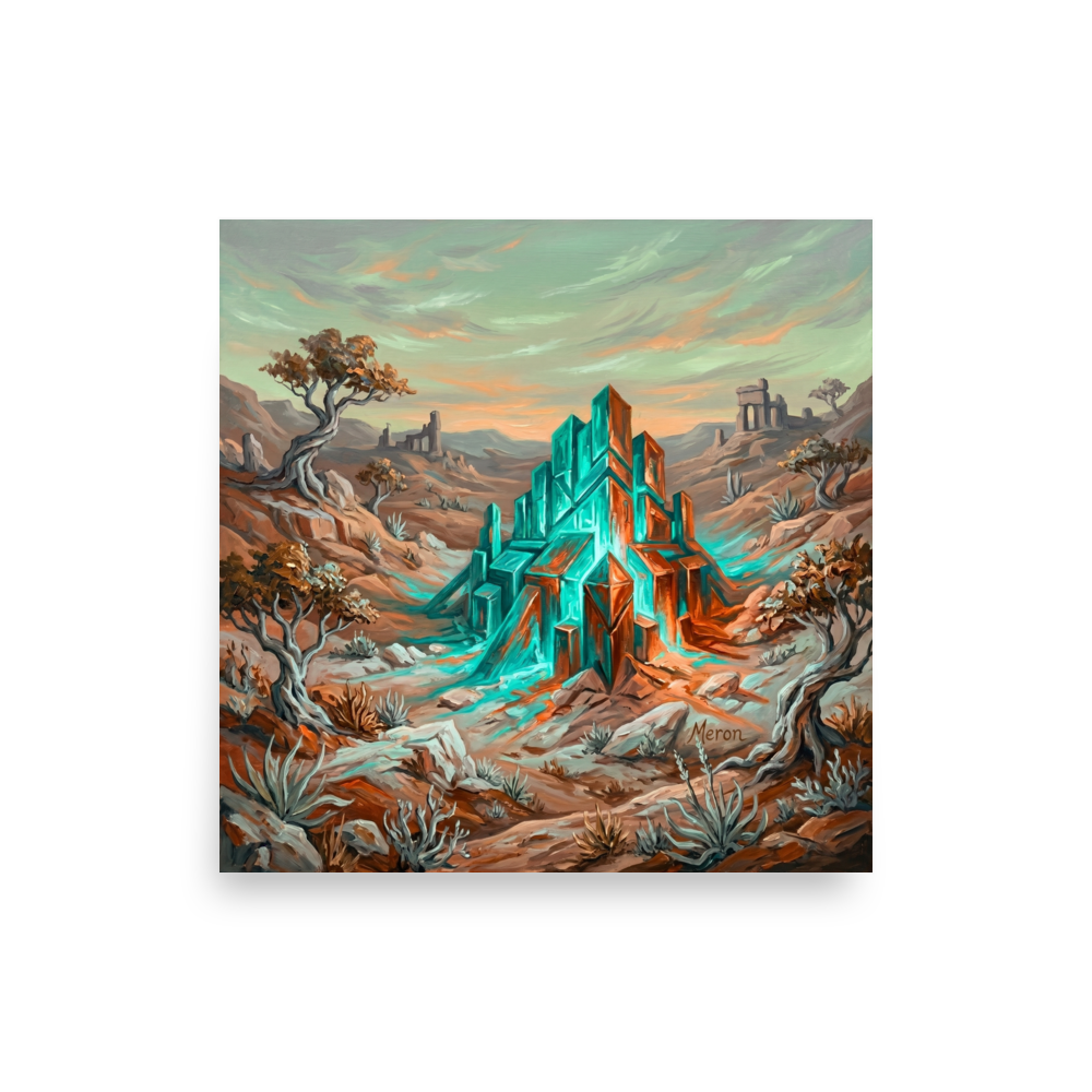 'Desert Monolith' — a Surrealism print. An oil painting of a glowing teal geometric structure in a rocky, desert landscape with twisted trees, perfect for an office or den.