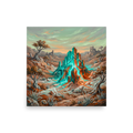 'Desert Monolith' — a Surrealism print. An oil painting of a glowing teal geometric structure in a rocky, desert landscape with twisted trees, perfect for an office or den.
