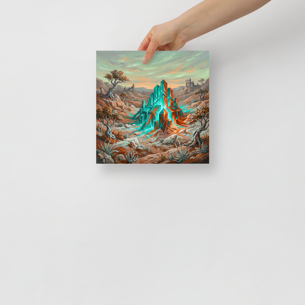 'Desert Monolith' — a Surrealism print. An oil painting of a glowing teal geometric structure in a rocky, desert landscape with twisted trees, perfect for an office or den.
