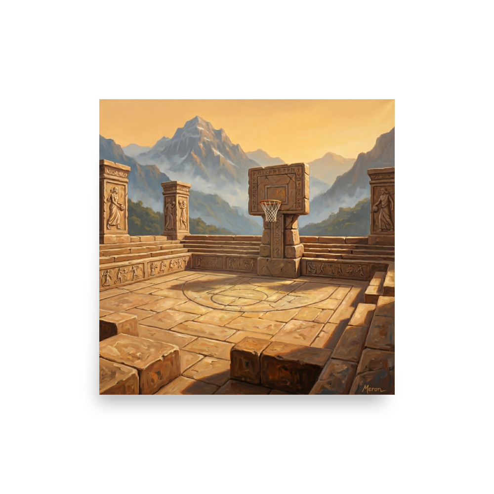 'The Ancient Court' — a Surrealism,Classical Realism print. An oil painting of a stone basketball court set within ancient mountain ruins at sunrise, perfect for a game room or man cave.