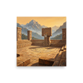 'The Ancient Court' — a Surrealism,Classical Realism print. An oil painting of a stone basketball court set within ancient mountain ruins at sunrise, perfect for a game room or man cave.