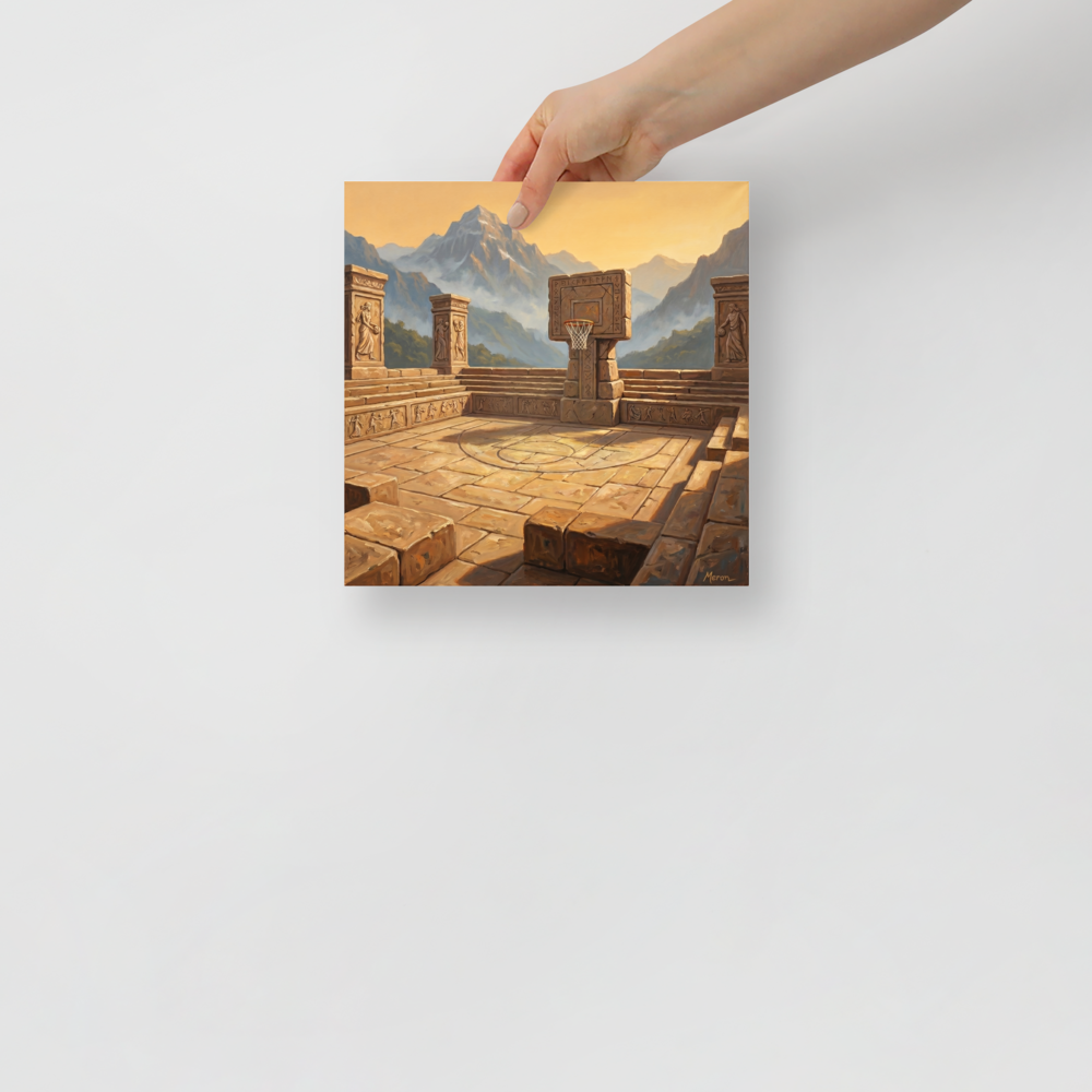 'The Ancient Court' — a Surrealism,Classical Realism print. An oil painting of a stone basketball court set within ancient mountain ruins at sunrise, perfect for a game room or man cave.