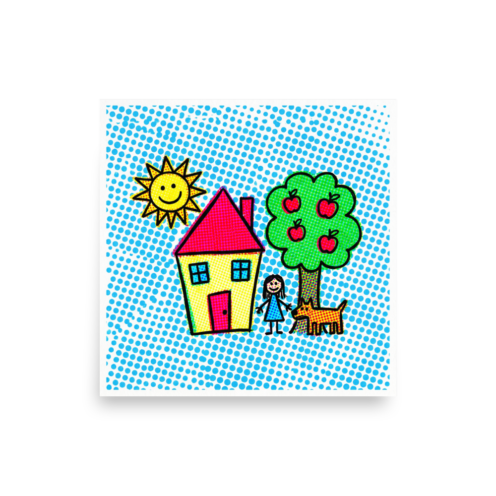 'Halftone Home' — a Pop art print. A pop art style illustration of a house, tree, girl, dog, and smiling sun composed of colorful halftone dots, perfect for a Playroom.