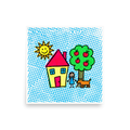 'Halftone Home' — a Pop art print. A pop art style illustration of a house, tree, girl, dog, and smiling sun composed of colorful halftone dots, perfect for a Playroom.