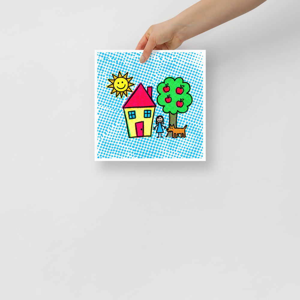 'Halftone Home' — a Pop art print. A pop art style illustration of a house, tree, girl, dog, and smiling sun composed of colorful halftone dots, perfect for a Playroom.