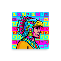 'Aztec Pop' — a Pop art print. A pop art style profile portrait of an Aztec eagle warrior in bright cyan, magenta, and yellow with halftone dots against a geometric background, perfect for a Living Room.