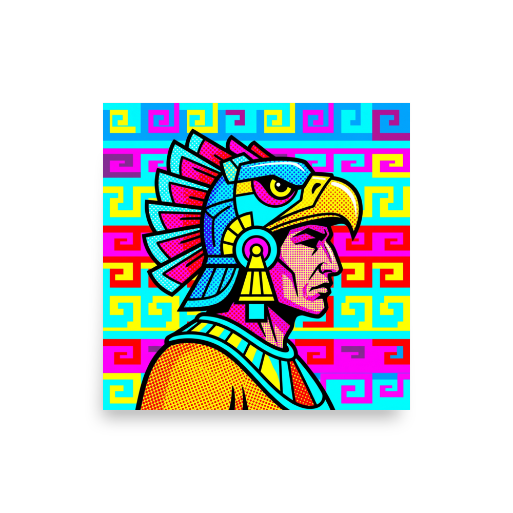 'Aztec Pop' — a Pop art print. A pop art style profile portrait of an Aztec eagle warrior in bright cyan, magenta, and yellow with halftone dots against a geometric background, perfect for a Living Room.