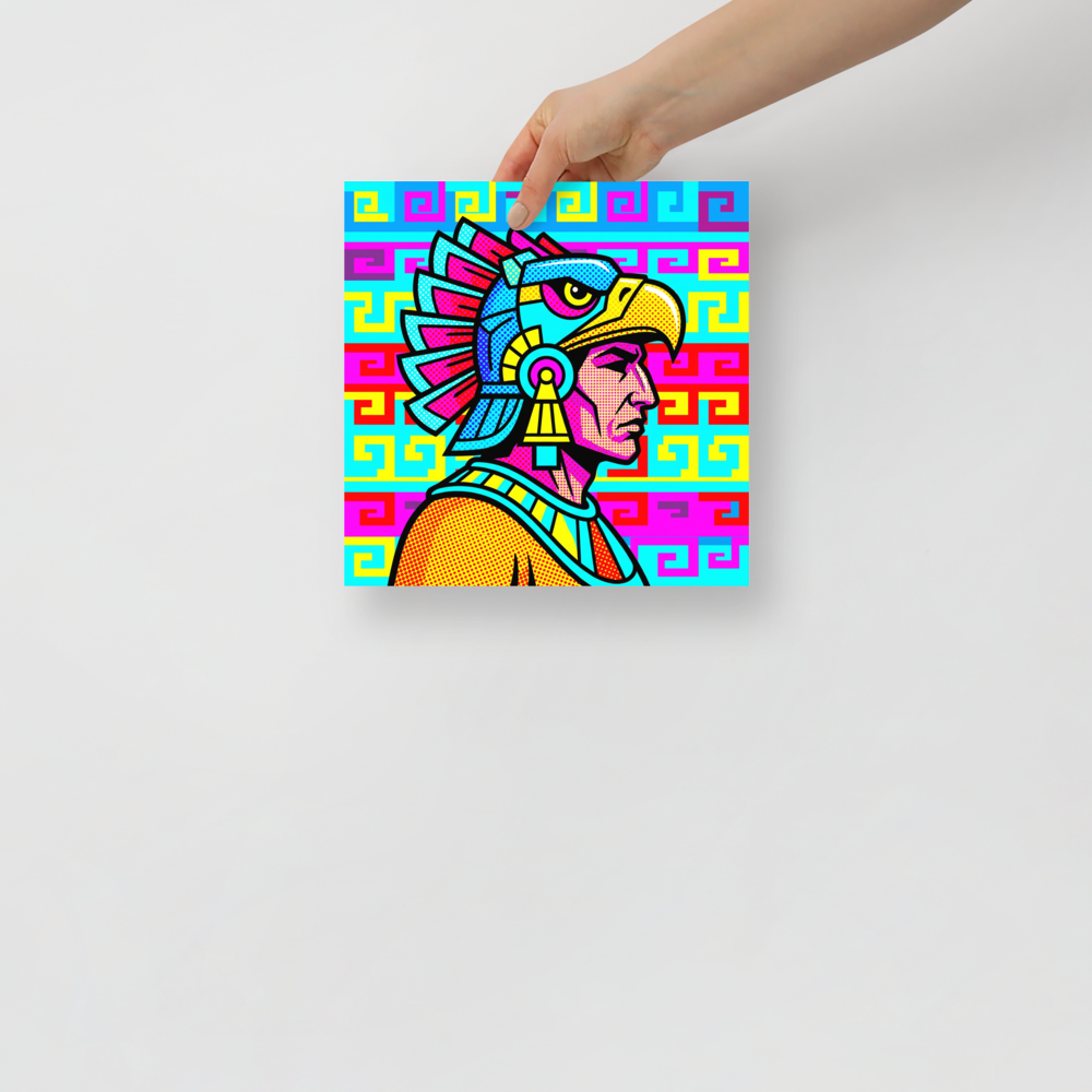 'Aztec Pop' — a Pop art print. A pop art style profile portrait of an Aztec eagle warrior in bright cyan, magenta, and yellow with halftone dots against a geometric background, perfect for a Living Room.