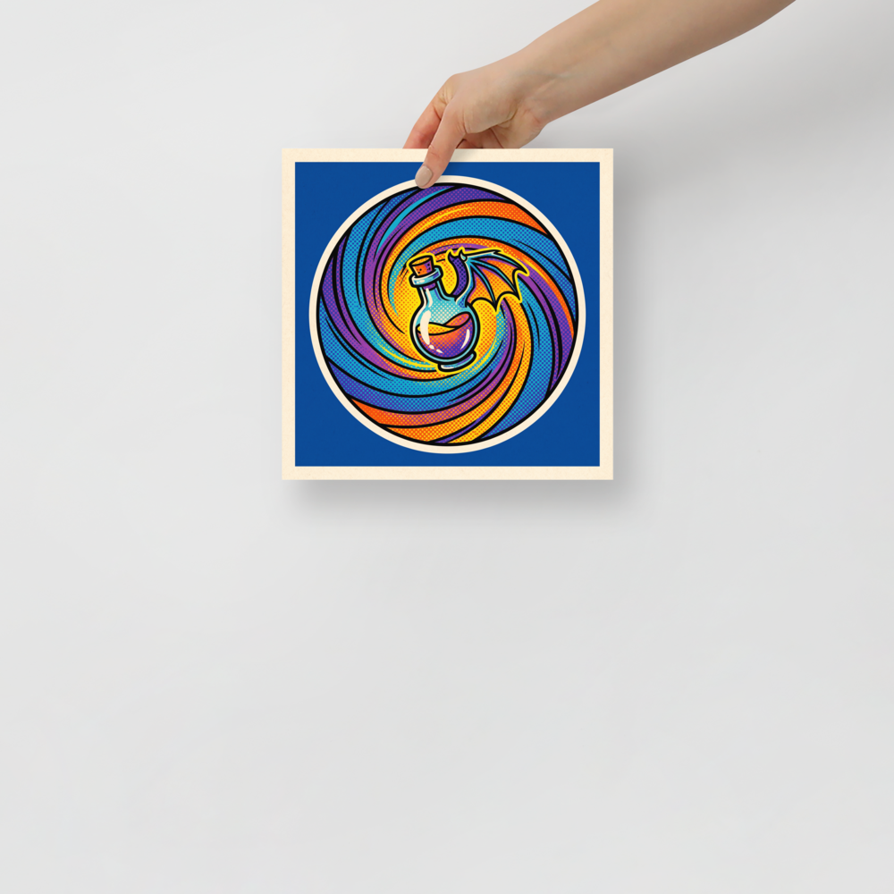 'Potion Pop' — a Pop art print. A pop art style illustration of a winged potion bottle against a swirling hypnotic background of purple, orange, and blue halftone dots, perfect for a Game Room.