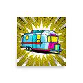 'Pop Art Camper' — a Pop art print. A brightly colored pop art illustration of a retro camper trailer in cyan, magenta, and yellow against a starburst background with halftone dots, perfect for a Camper / RV.