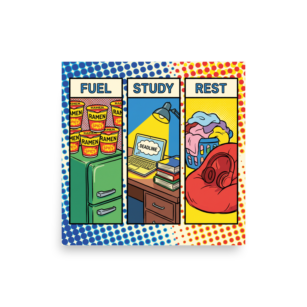 'The College Triad' — a Pop art print. A three-panel pop art comic strip titled FUEL, STUDY, REST showing ramen cups, a laptop with a deadline, and a beanbag chair with laundry, perfect for an Apartment / Airbnb.