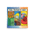 'The College Triad' — a Pop art print. A three-panel pop art comic strip titled FUEL, STUDY, REST showing ramen cups, a laptop with a deadline, and a beanbag chair with laundry, perfect for an Apartment / Airbnb.