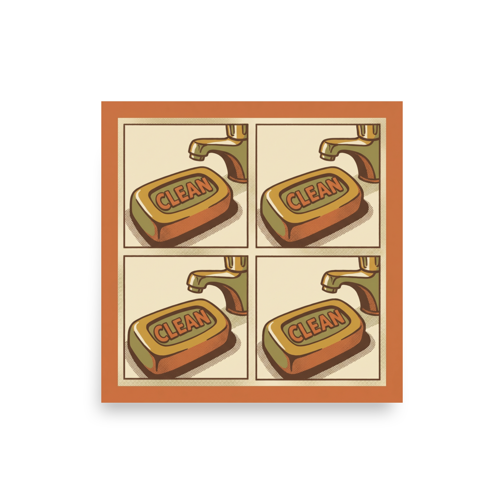 'Clean Repetition' — a Pop art print. A pop art style 2x2 grid showing a bar of soap labeled CLEAN under a faucet in muted brown, orange, and green tones, perfect for a Bathroom.