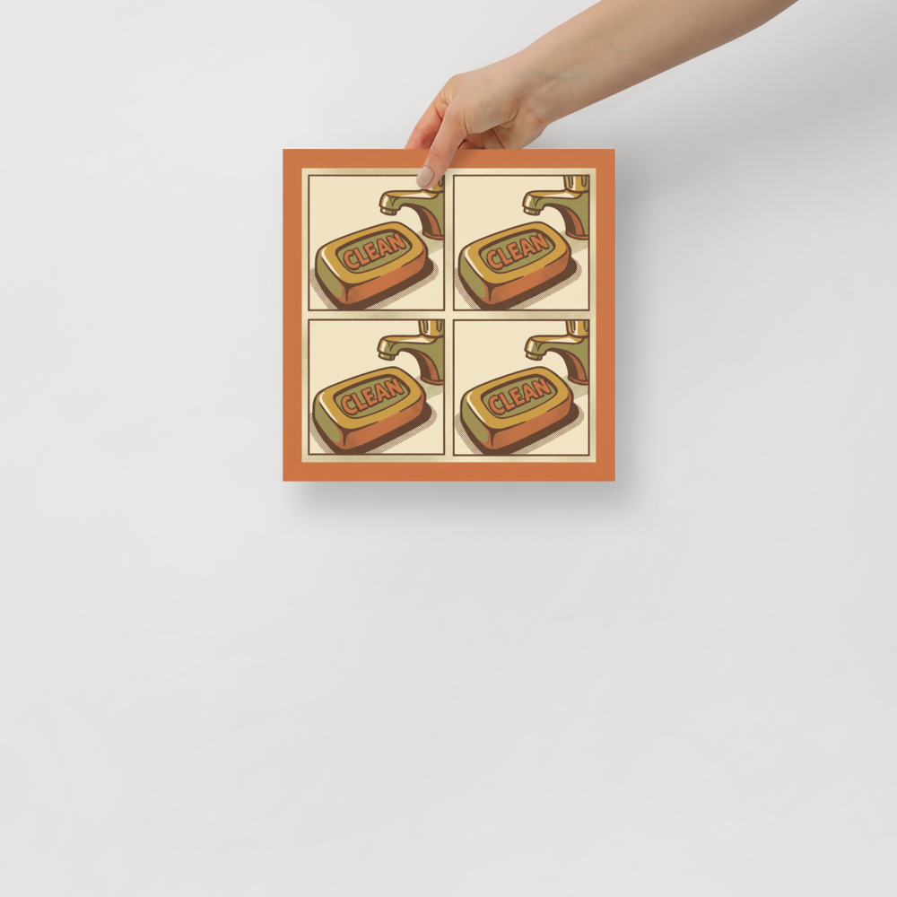'Clean Repetition' — a Pop art print. A pop art style 2x2 grid showing a bar of soap labeled CLEAN under a faucet in muted brown, orange, and green tones, perfect for a Bathroom.