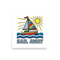 'Pop Art Sail Away' — a Pop art print. A pop art style illustration of a brightly colored sailboat on blue waves under a yellow sun with the text SAIL AWAY, perfect for a Bathroom or Sunroom.